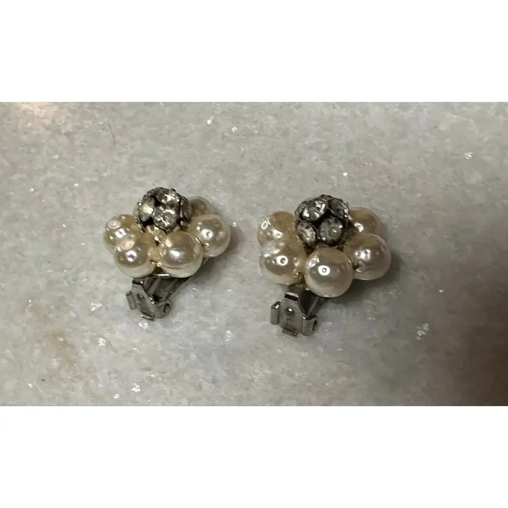 Vintage faux Pearl Crystal Earrings Rhinestone Statement Hollywood Glam jewelry